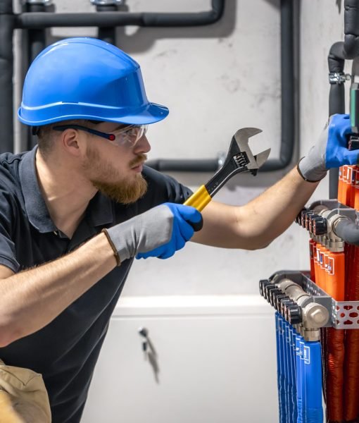 The technician checking the heating system in the boiler room. Adjusting heating valves in a residential building. A plumbing and heating technician works.